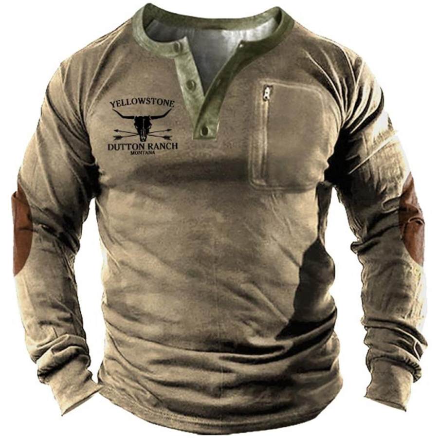 

Men's Vintage Yellowstone Skull Bull Colorblock Henley T-Shirt