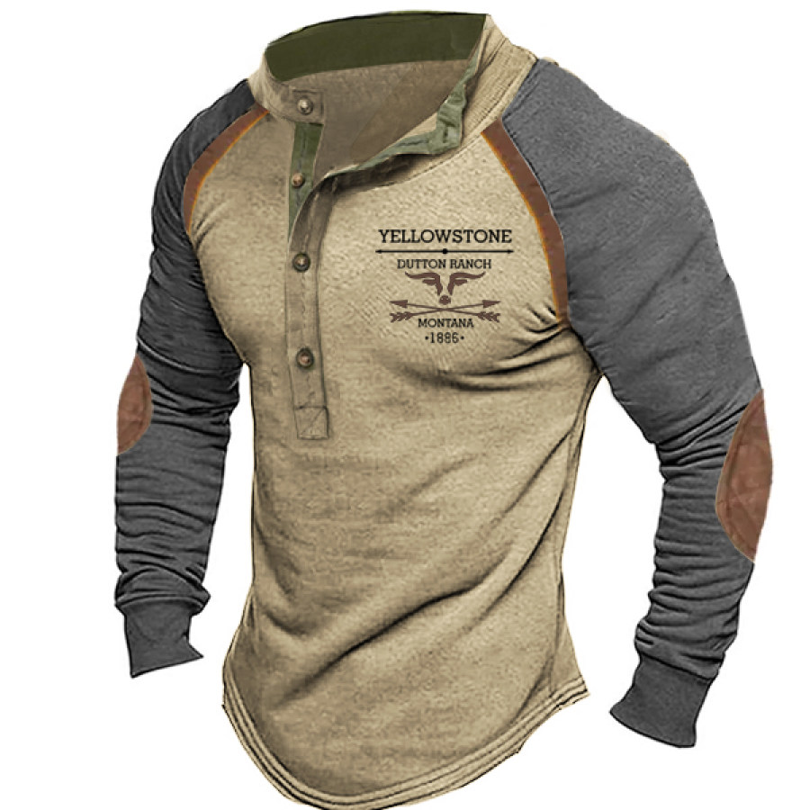 

Men's Vintage Western Yellowstone Henley Stand Collar T-Shirt