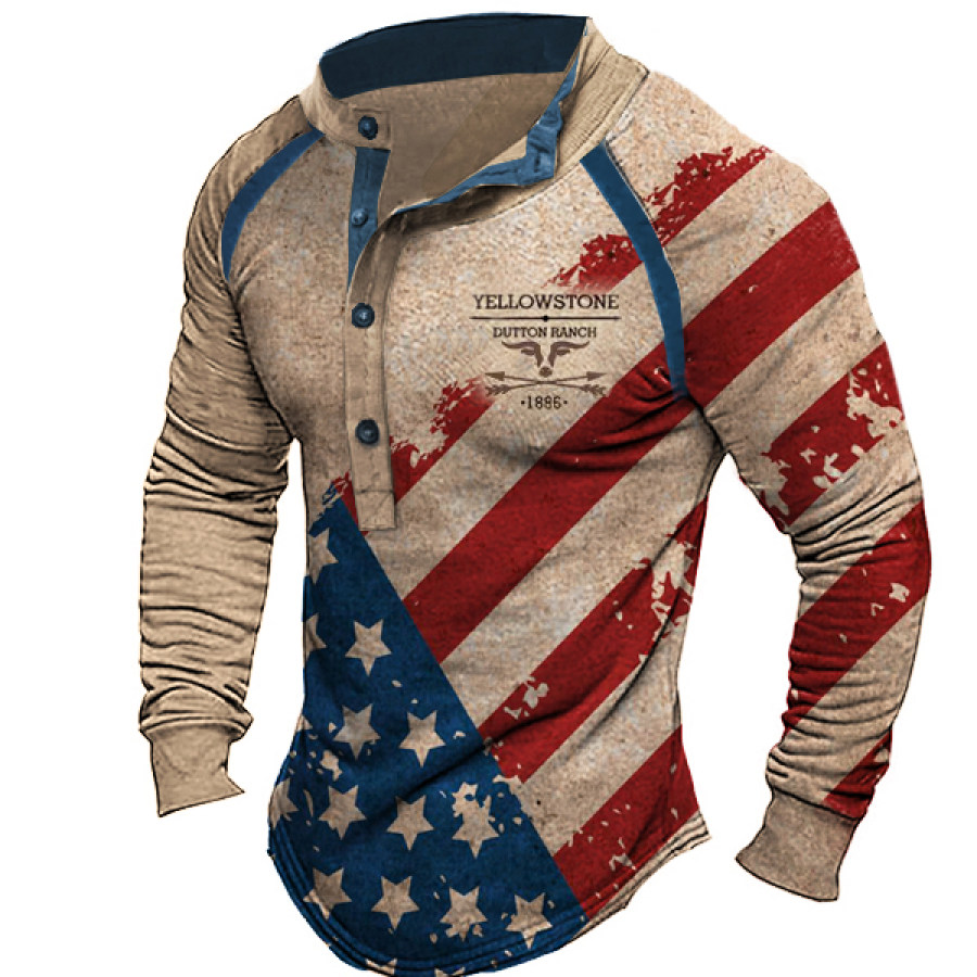 

Men's Vintage Western Yellowstone Henley Stand Collar T-Shirt