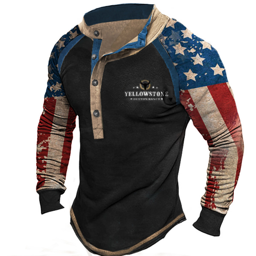

Men's Vintage Western Yellowstone Henley Stand Collar T-Shirt