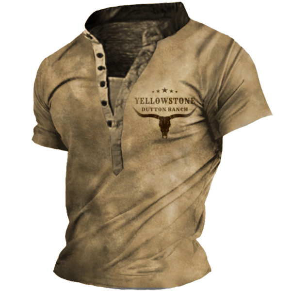 Men's Vintage Western Yellowstone Chic Henley Collar T-shirt