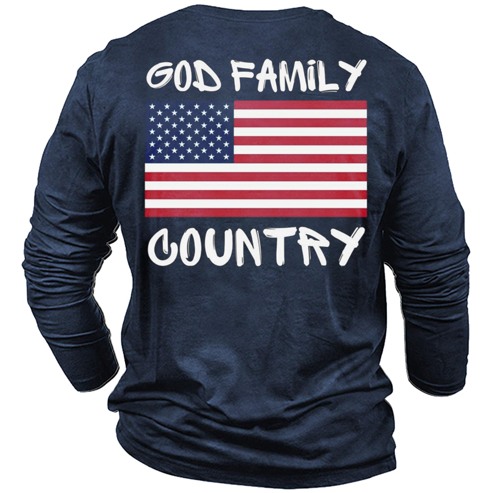 God Family Country American Chic Flag Men's Cotton Long Sleeve T-shirt