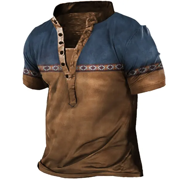 Men's Vintage Aztec Henley Collar T-Shirt - Kalesafe.com 