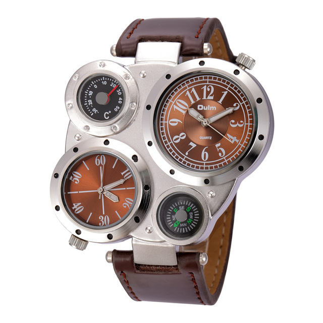 Mens Vintage Compass Dual Chic Time Zone Quartz Watch