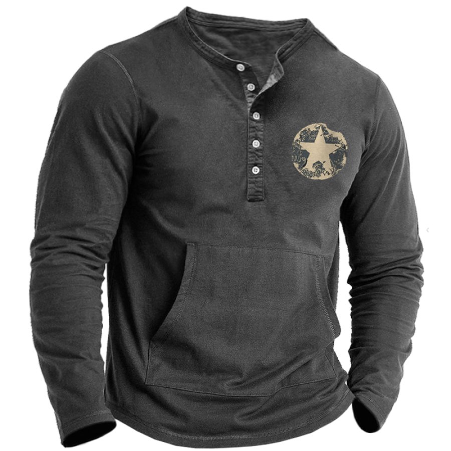 

Men's Vintage Henley Collar Pocket Long Sleeve T-Shirt