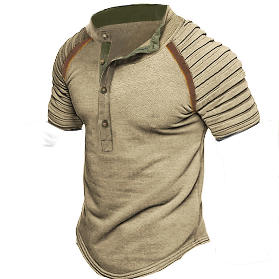 

Men's Retro Contrast Henley Stand Collar Short Sleeve T-Shirt