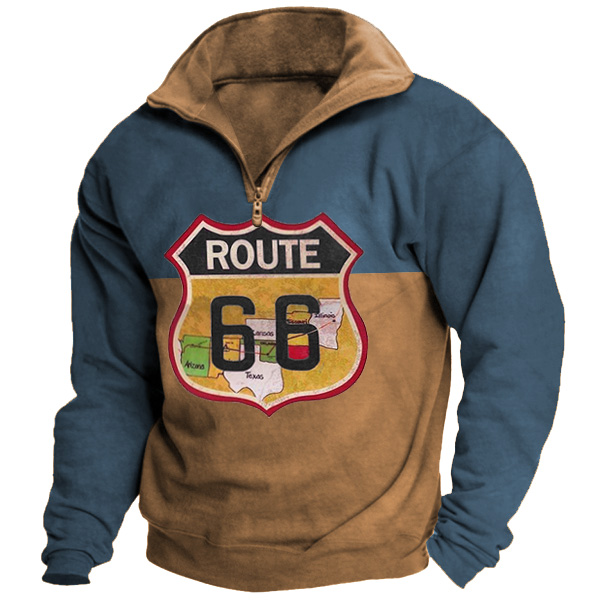 Men's Vintage Route 66 Chic Colorblock Quarter Zip Stand Collar Sweatshirt