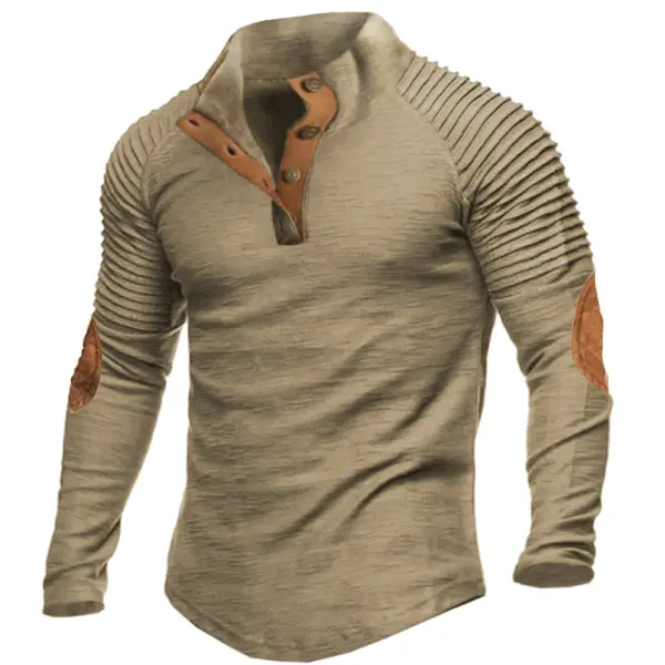 Men's Vintage Colorblock Stand Collar Long Sleeve T-Shirt - Nikiluwa.com 