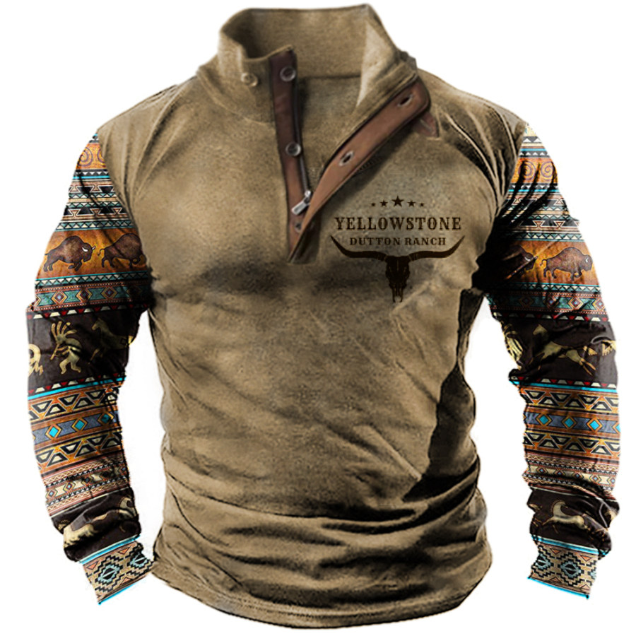 

Men's Vintage Western Yellowstone Colorblock Zipper Stand Collar T-shirt