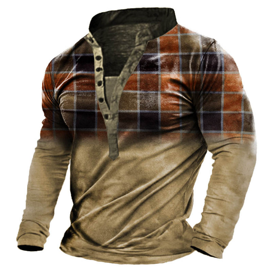 

Men's Vintage Plaid Henley Long Sleeve T-Shirt