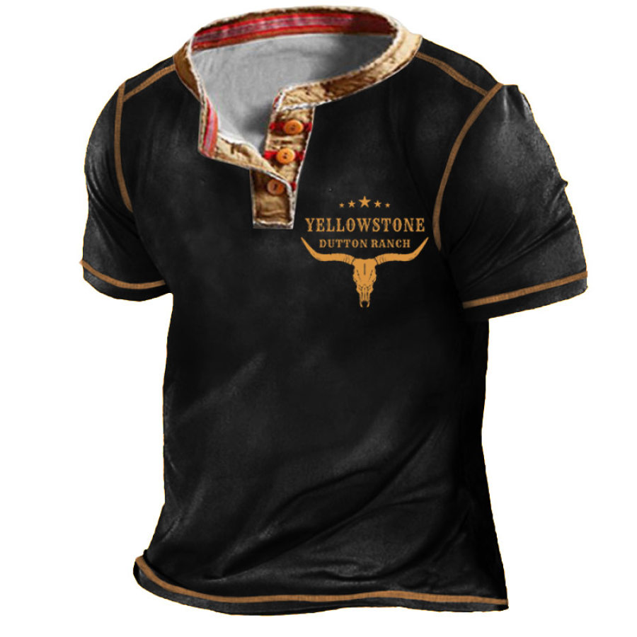 

Men's Vintage Yellowstone Skull Bull Henley Collar T-Shirt