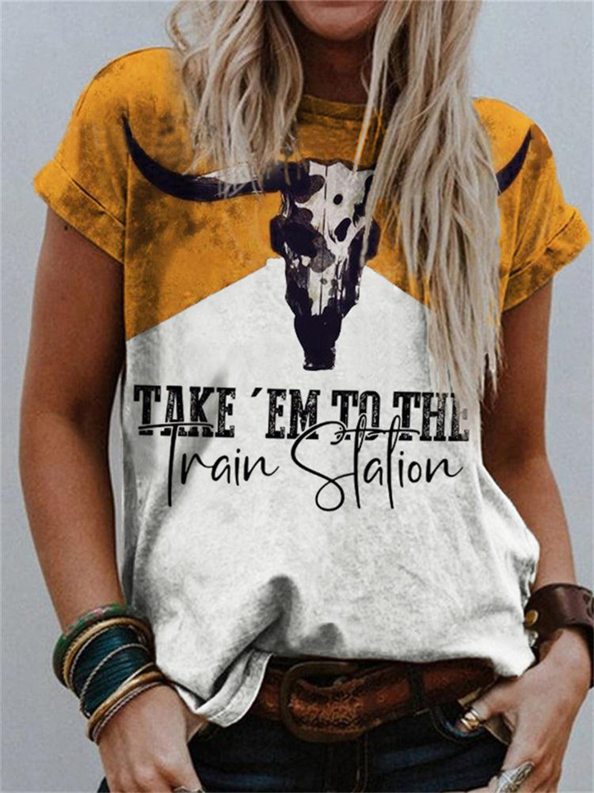Women's Western Cowboy Print Chic Short Sleeves T-shirt