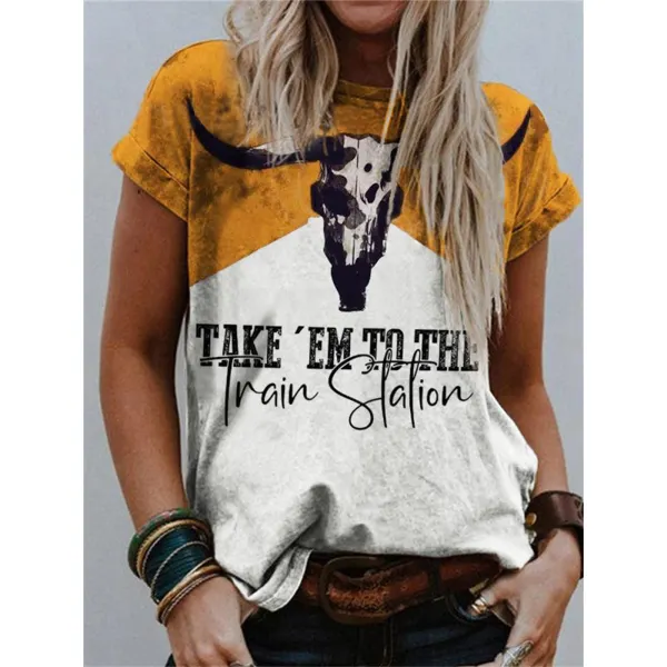 Women's Western Cowboy Print Short Sleeves T-shirt - Honeylop.chimpone.com 