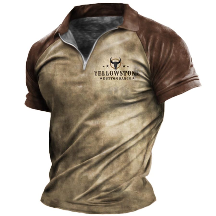 

Men's Vintage Western Yellowstone Zipper Lapel T-Shirt