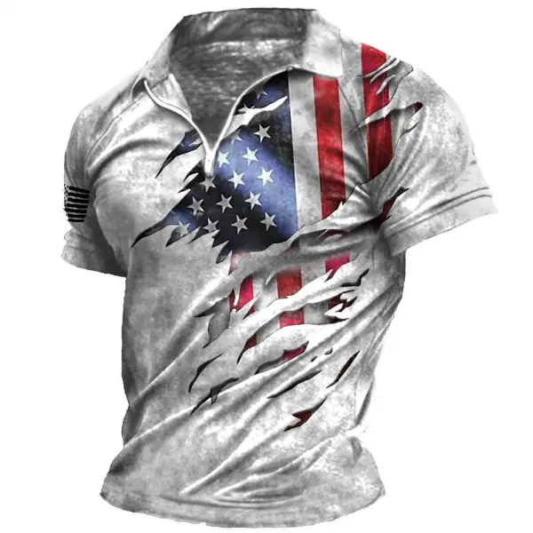 Men's Vintage American Flag Print Zip Lapel T-Shirt - Kalesafe.com 
