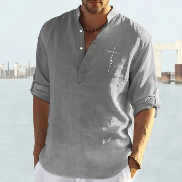 Men's Casual Cotton Linen Solid Color Long-sleeved Loose Collar Blouse - Chrisitina.com 
