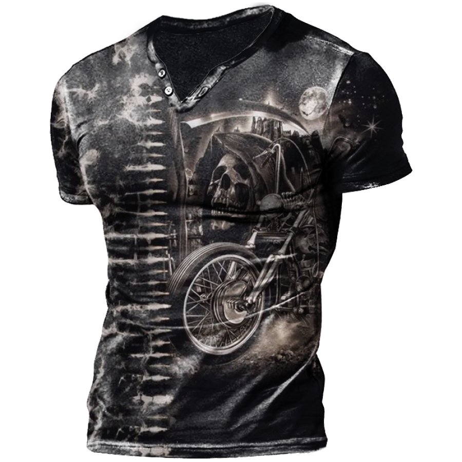 

Herren Vintage Distressed Rock Motorrad Road Trip Button V Neck Print T-Shirt