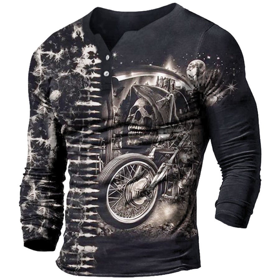 

Men's Vintage Distressed Rock Motorcycle Road Trip Button V Neck Print T-Shirt
