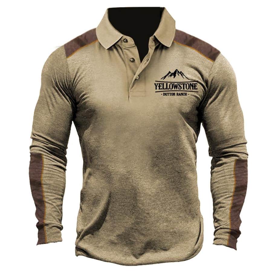 

Men's Vintage Yellowstone Colorblock Polo Long Sleeve T-Shirt