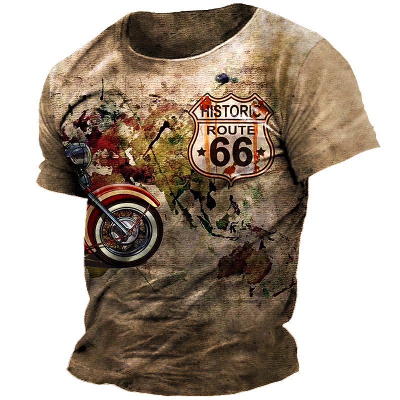 Men's Vintage Route 66 Chic Motorcycle Print T-shirt