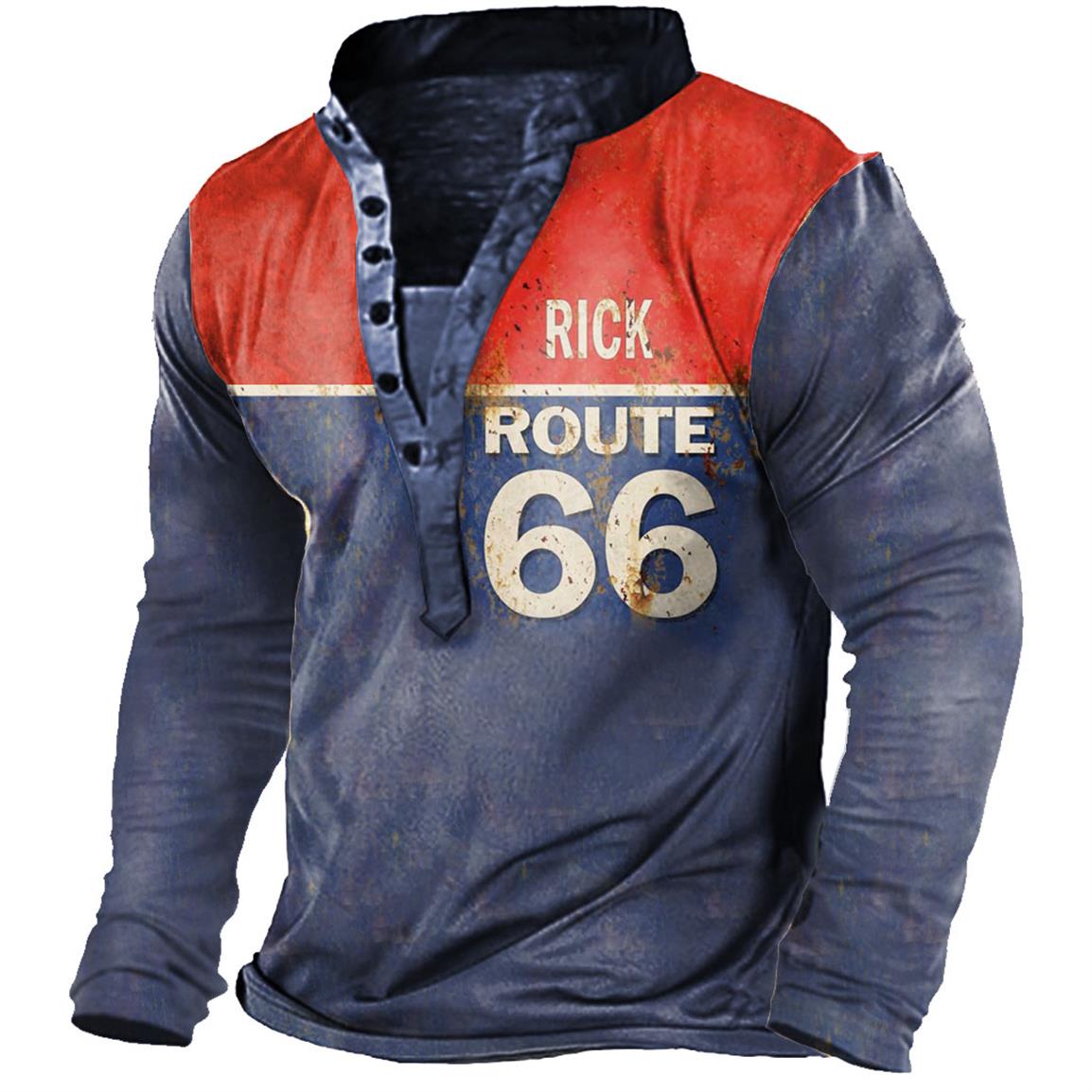 Men's Vintage Route 66 Chic Colorblock Henley Long Sleeve T-shirt