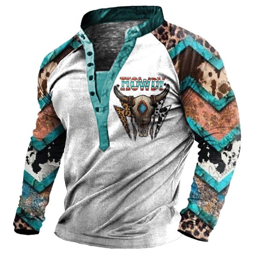 

Men's Western Cowboy Print Henley Collar Long Sleeve T-Shirt