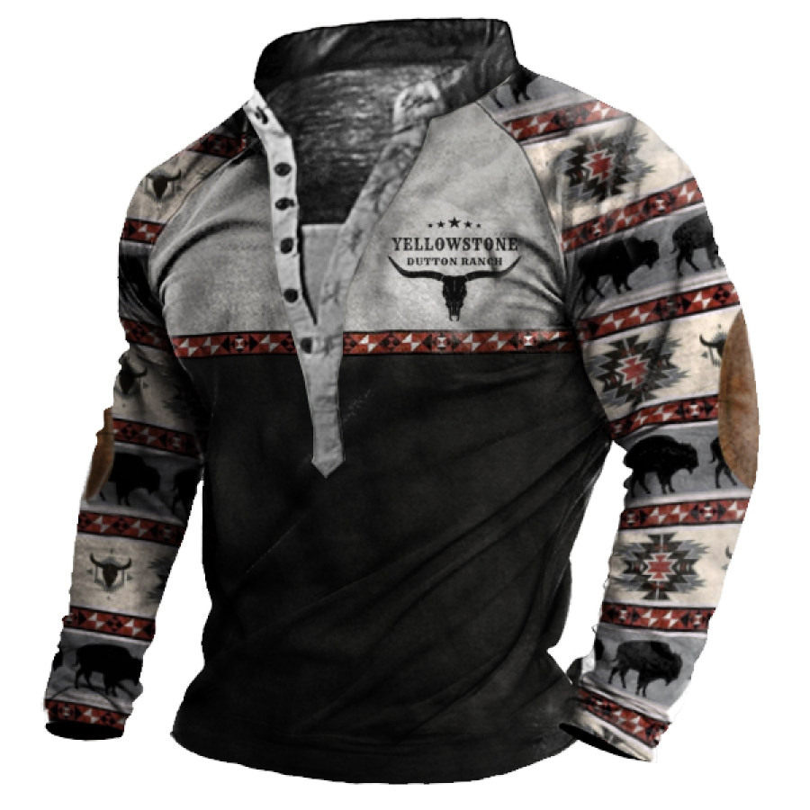 

Men's Vintage Western Yellowstone Print Henley Collar Long Sleeve T-Shirt