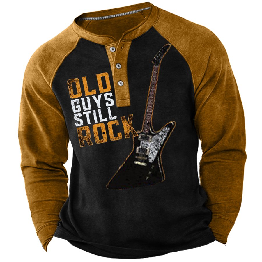 

Men's Retro Old Man And Rock Colorblock Henley Collar Long Sleeve T-Shirt