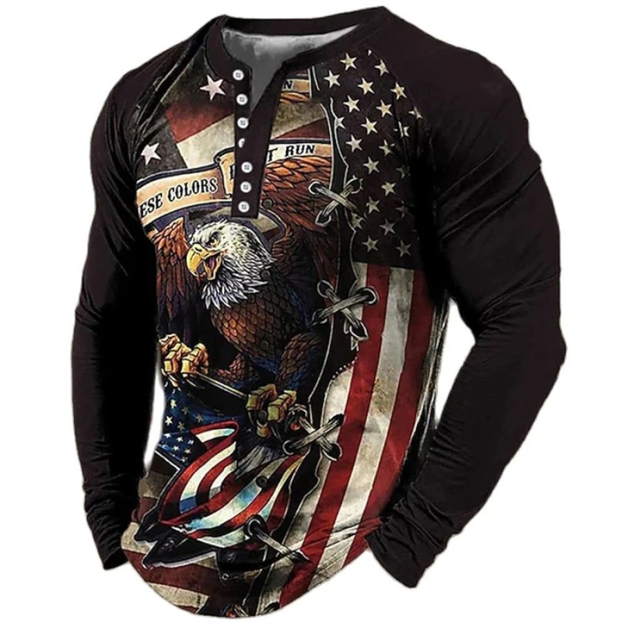

Men's American Flag Eagle Print Henley Collar T-Shirt