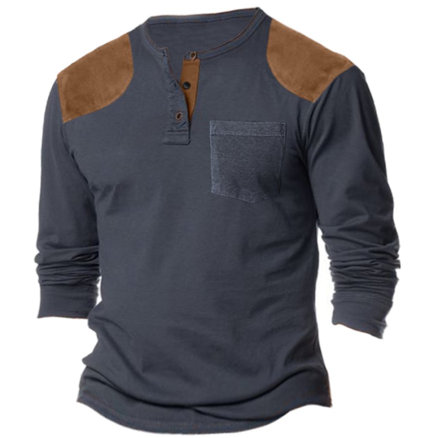 

Men's Vintage Colorblock Pocket Henley Collar T-Shirt