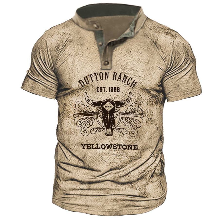 

Men's Vintage Yellowstone Print Henley T-Shirt