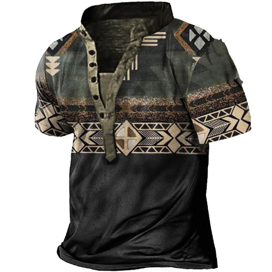 

Men's Ethnic Geometric Colorblock Print Henley T-Shirt