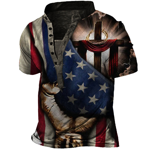 Men's American Flag Jesus Chic Cross Henley Shirt