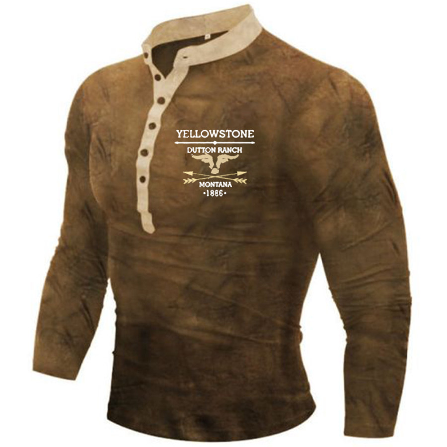

Men's Vintage Western Yellowstone Henley Stand Collar T-Shirt