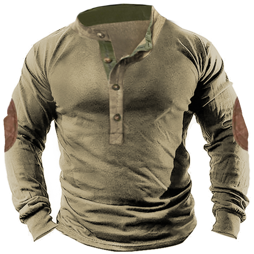 Men's Retro Contrast Henley Collar Chic Long Sleeve T-shirt