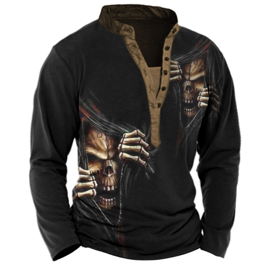 

Men's Vintage Skull Print Henley T-Shirt