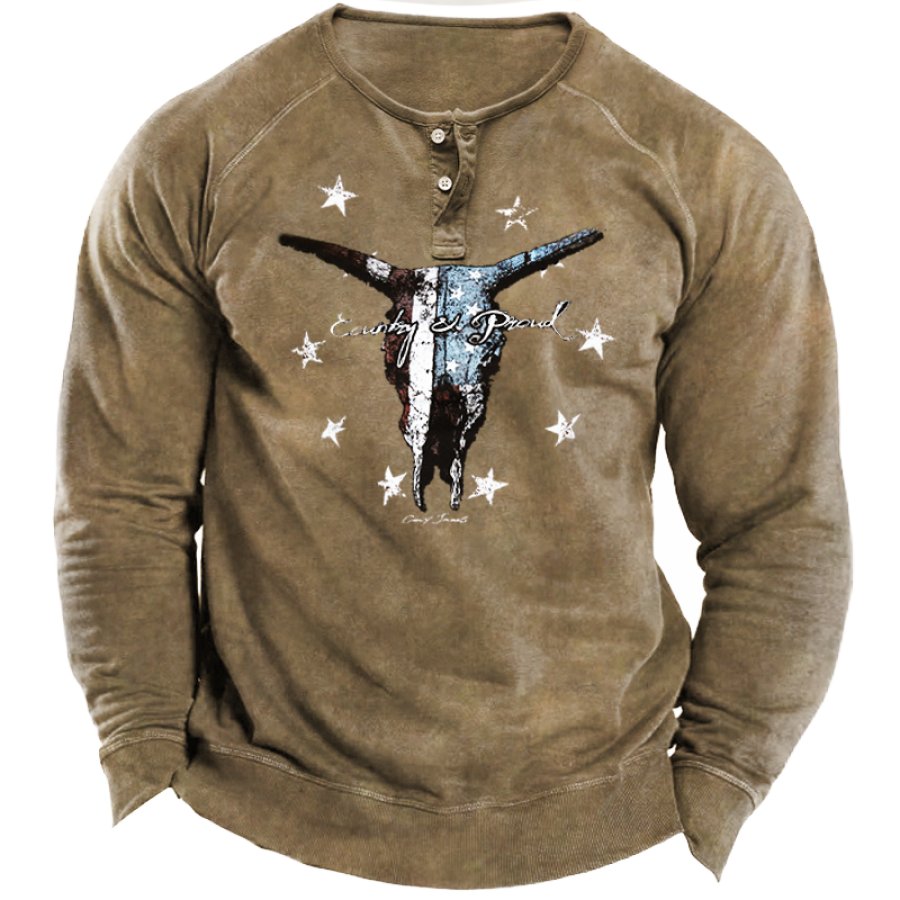 

Men's Vintage Western Cowboys Print Henley Collar Sweatshirt