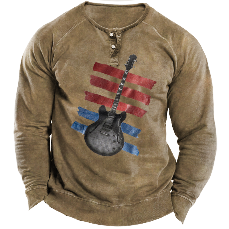 Men's Vintage American Flag Chic Guitar Print Henley Neck Sweatshirt