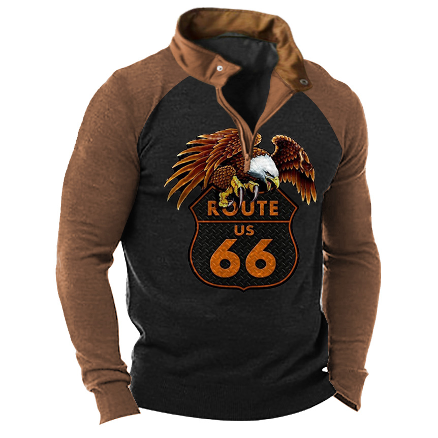 Men's Vintage Route 66 Chic Eagle Zip Stand Collar T-shirt
