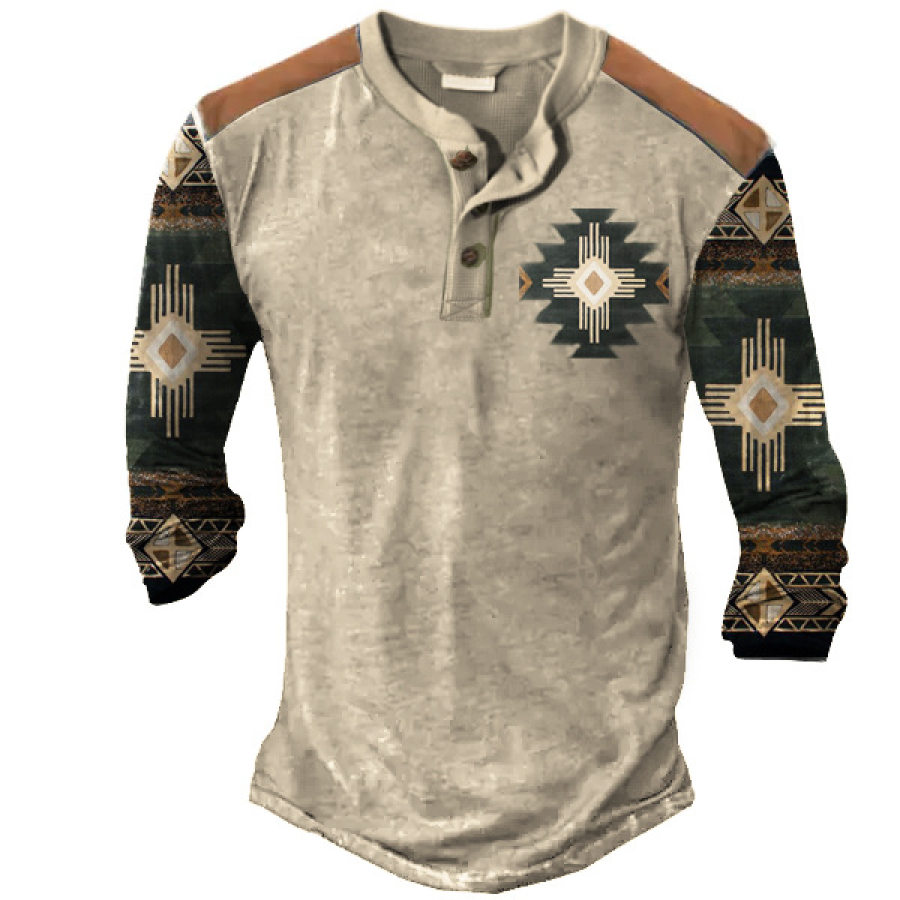 

Men's Vintage Ethnic Print Henley Shirt