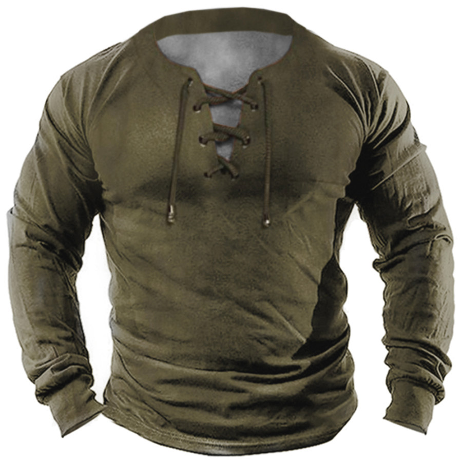 

Men's Vintage Lace-Up V-Neck Long Sleeve T-Shirt