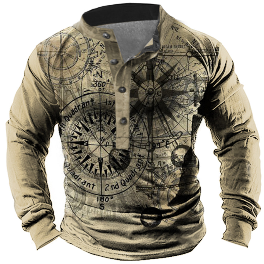 

Men's Vintage Nautical Compass Print Henley Neck Long Sleeve Top