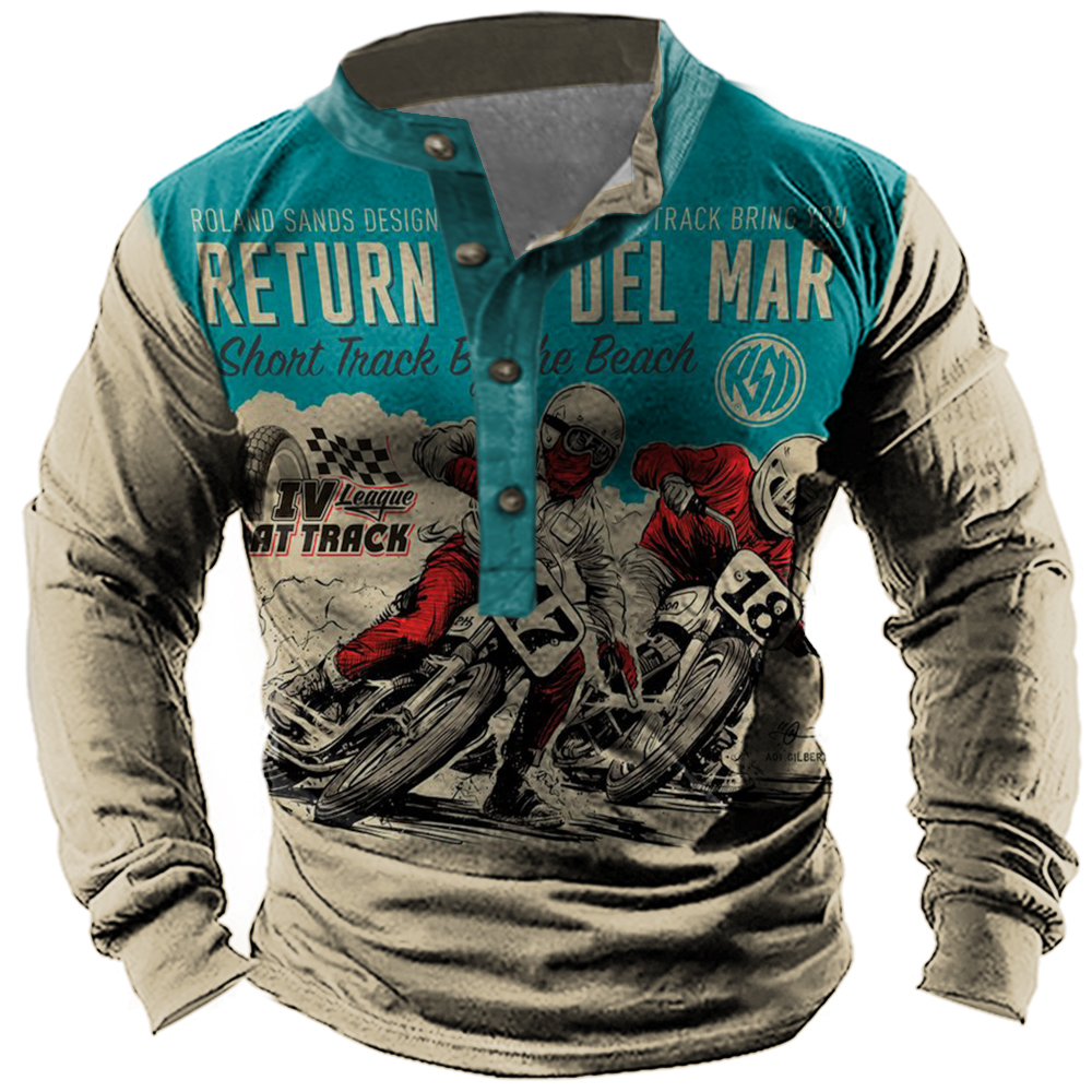 Men's Vintage Motorcycle Race Print Chic Henley Collar Long Sleeve T-shirt