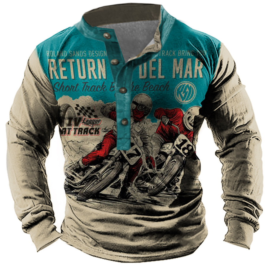

Men's Vintage Motorcycle Race Print Henley Collar Long Sleeve T-Shirt