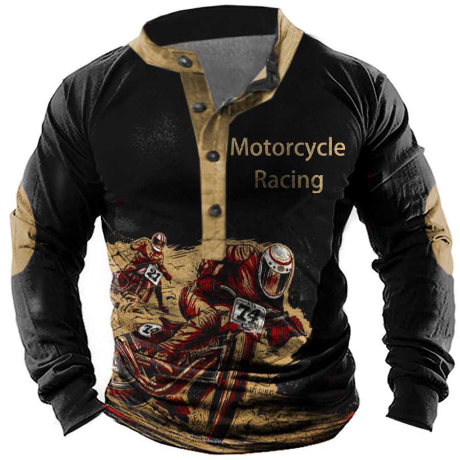 

Men's Vintage Motorcycle Race Print Henley Collar Long Sleeve T-Shirt