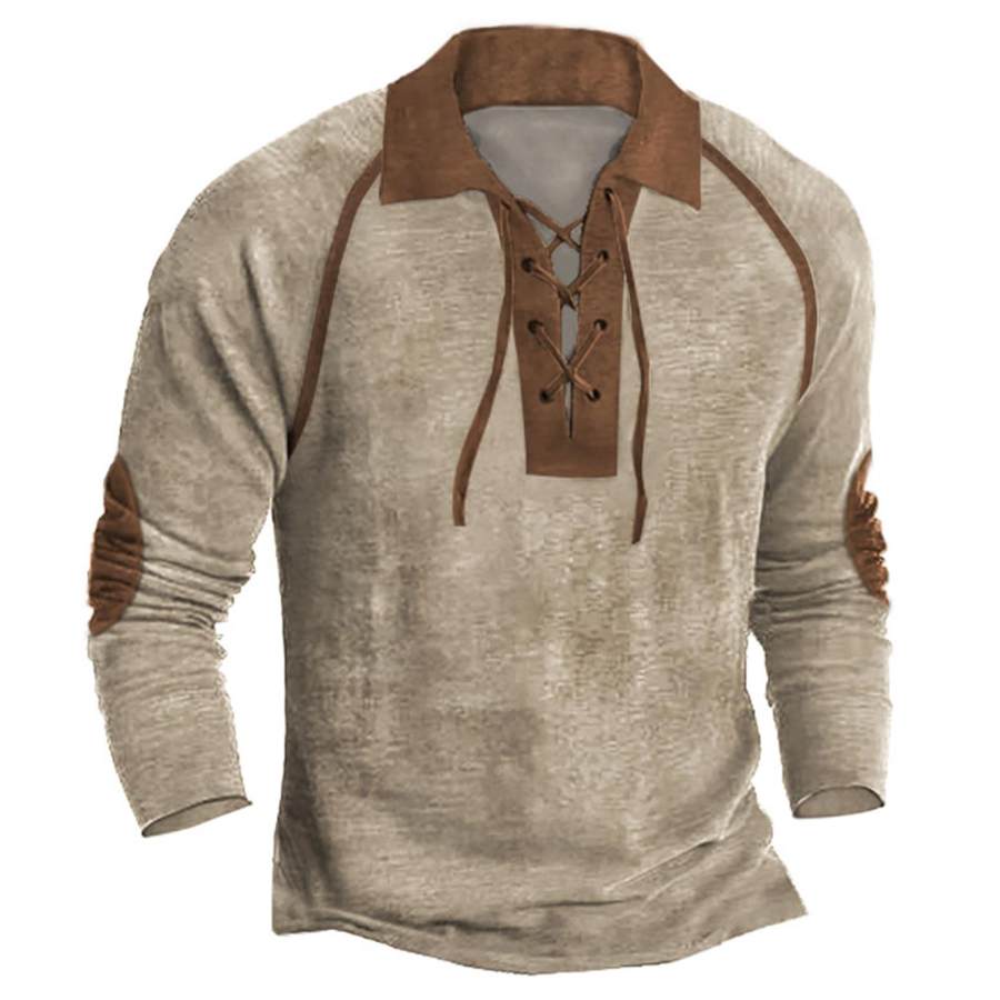 

Men's Vintage Colorblock Lace-Up Lapel T-Shirt