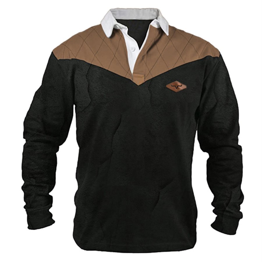 

Men's Vintage Western Cowboy Colorblock Polo Long Sleeve T-Shirt