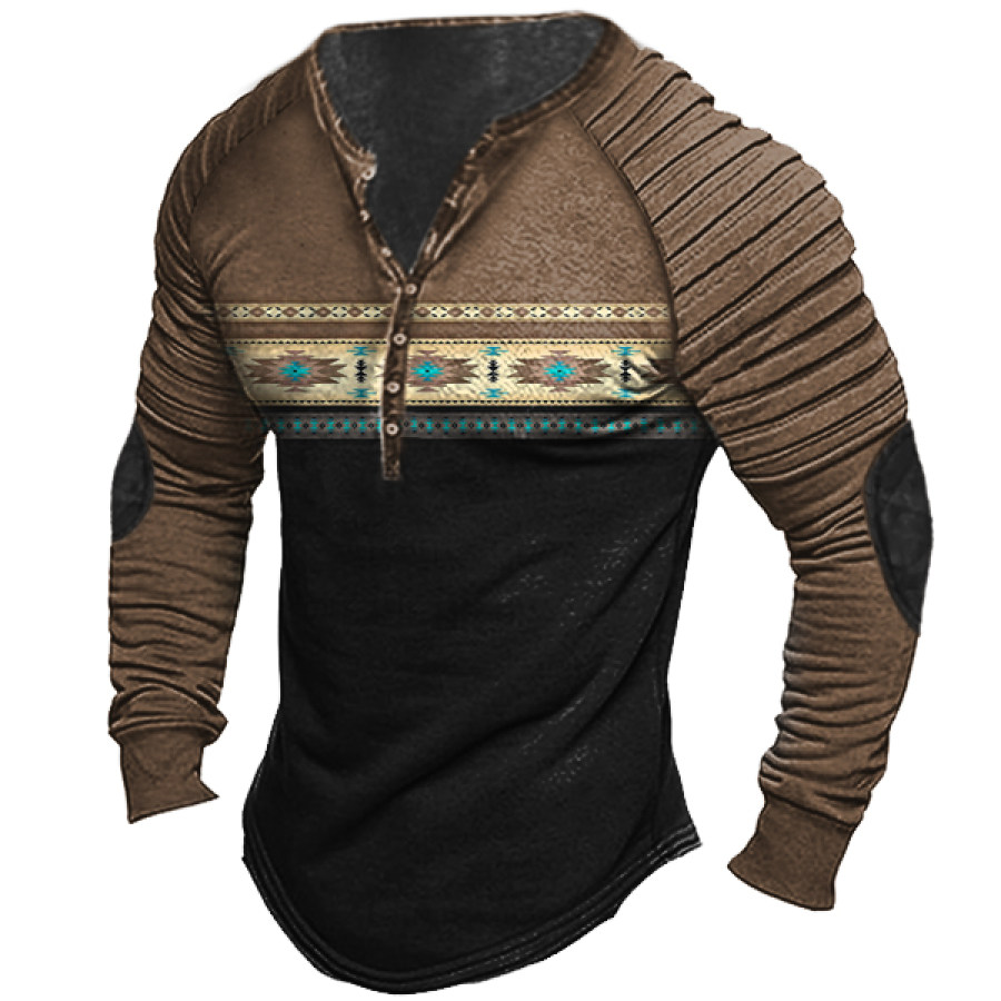 

Men's Vintage Color Block Ethnic Print Henley Stand Collar T-Shirt