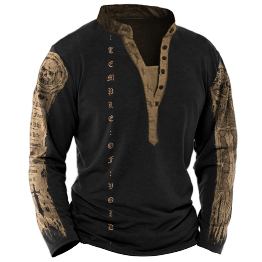 

Men's Vintage Gothic Print Henley T-Shirt