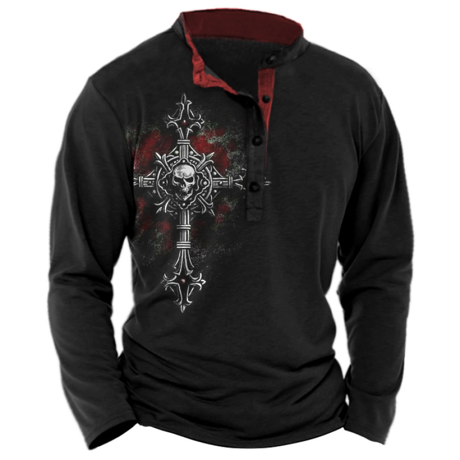 

Men's Vintage Gothic Skull Cross Print Henley T-Shirt